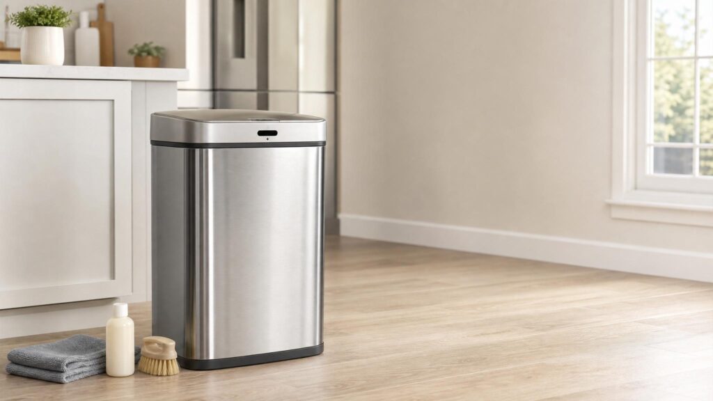 Motion sensor trash can with microfiber cloth and cleaning supplies nearby