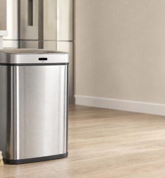 Motion sensor trash can with microfiber cloth and cleaning supplies nearby