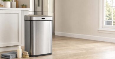 Motion sensor trash can with microfiber cloth and cleaning supplies nearby