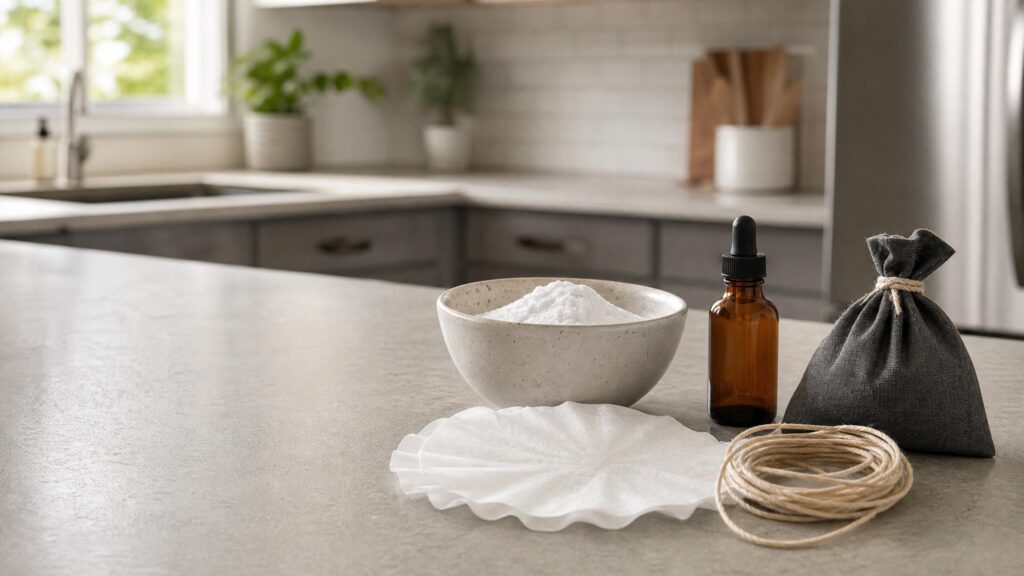 DIY trash can deodorizer supplies with baking soda and coffee filters