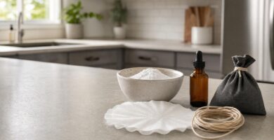 DIY trash can deodorizer supplies with baking soda and coffee filters