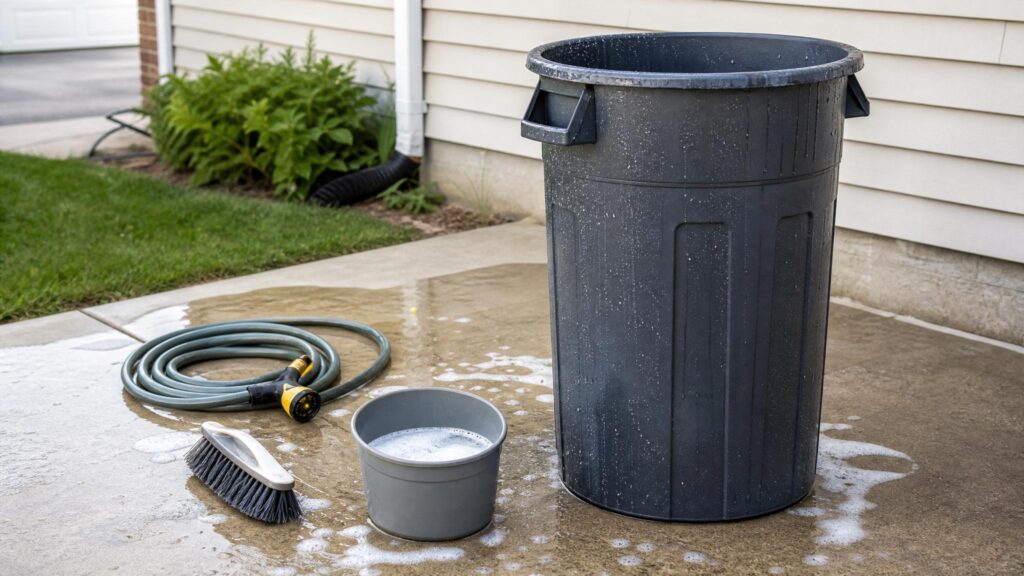 Outdoor trash can being cleaned with a hose and brush