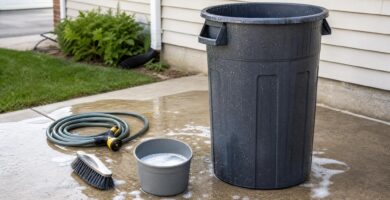 Outdoor trash can being cleaned with a hose and brush