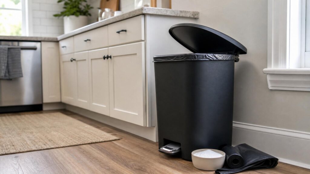 Kitchen trash can with baking soda and trash bags for odor control