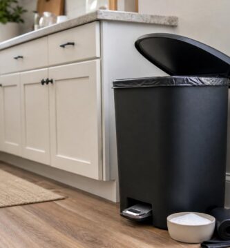 Kitchen trash can with baking soda and trash bags for odor control