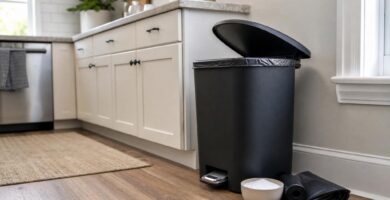 Kitchen trash can with baking soda and trash bags for odor control