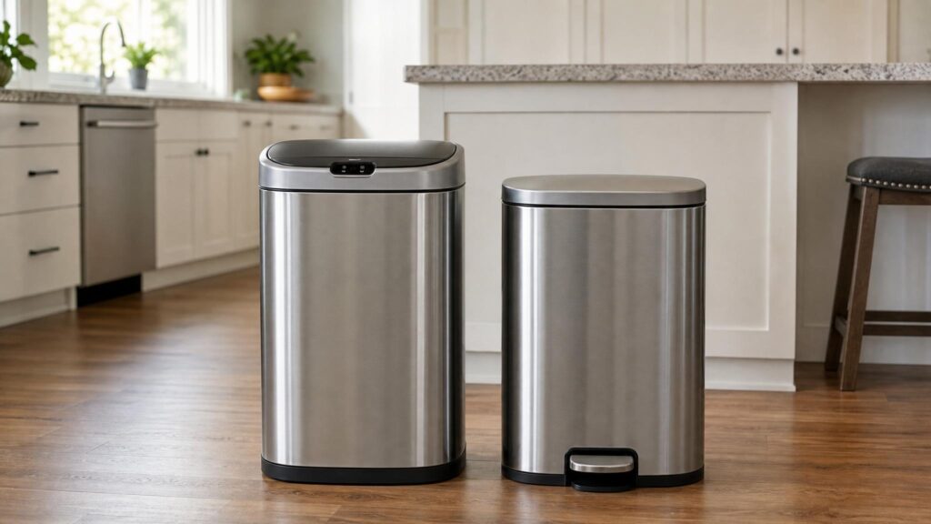 Motion sensor and step-on trash cans compared in a kitchen