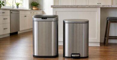 Motion sensor and step-on trash cans compared in a kitchen