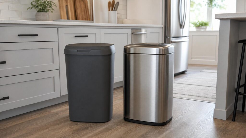 Plastic and stainless steel trash cans side by side