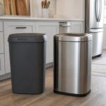 Plastic and stainless steel trash cans side by side