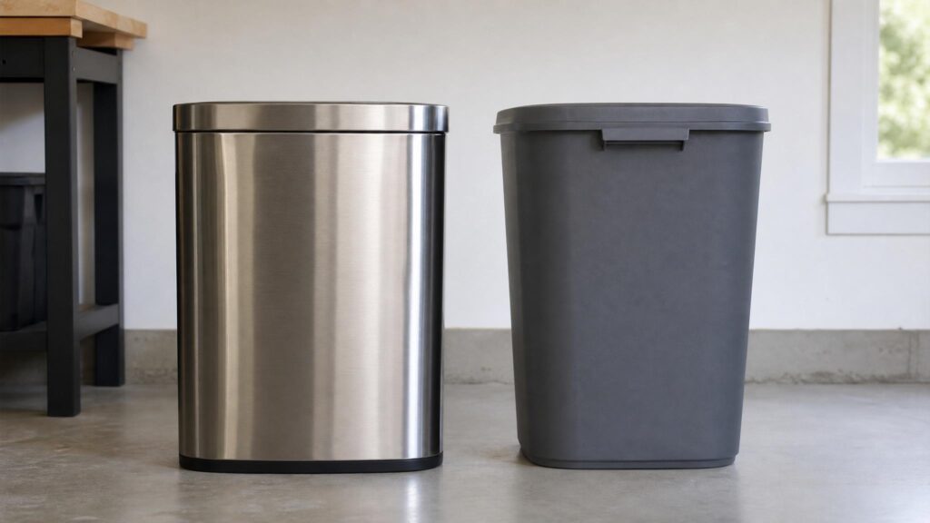 Close-up of stainless steel and plastic trash can materials