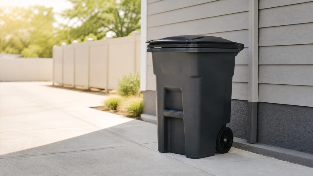 Outdoor trash bin in summer heat with the lid closed