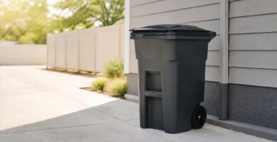 Outdoor trash bin in summer heat with the lid closed