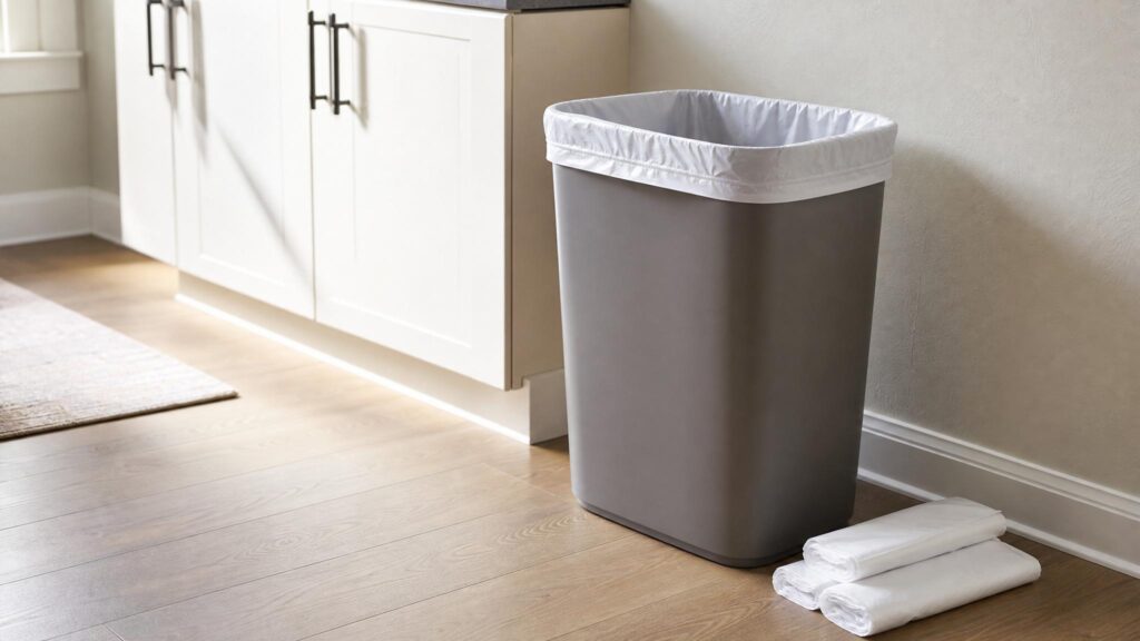 Kitchen trash can with a neatly fitted liner and spare trash bags