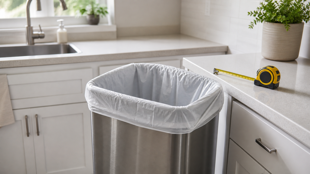 13 gallon trash bag fitted in a kitchen trash can with a measuring tape nearby
