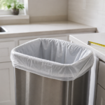 13 gallon trash bag fitted in a kitchen trash can with a measuring tape nearby