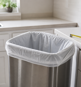 13 gallon trash bag fitted in a kitchen trash can with a measuring tape nearby