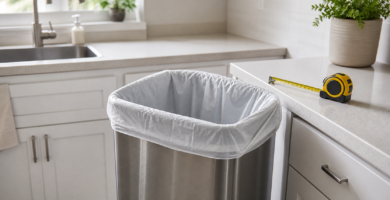 13 gallon trash bag fitted in a kitchen trash can with a measuring tape nearby