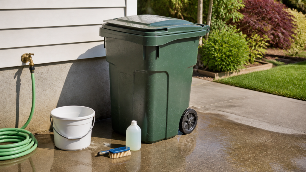 Outdoor trash cart with hose, brush and cleaning supplies