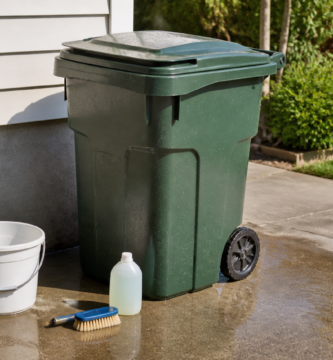 Outdoor trash cart with hose, brush and cleaning supplies