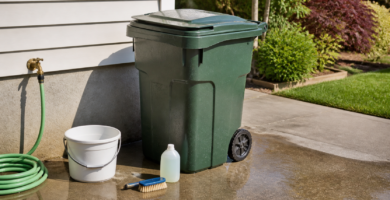 Outdoor trash cart with hose, brush and cleaning supplies