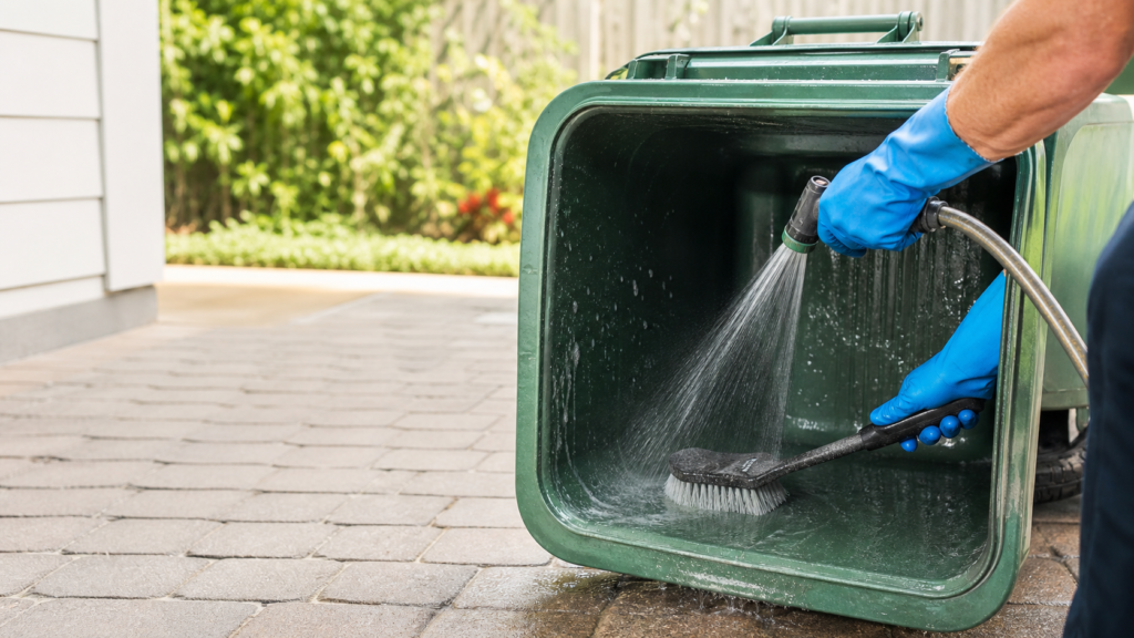 Cleaning an outdoor trash can with gloves and a scrub brush