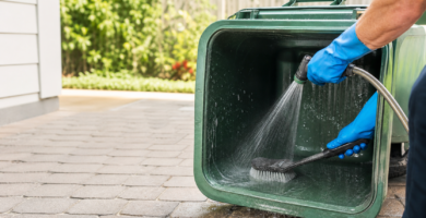 Cleaning an outdoor trash can with gloves and a scrub brush