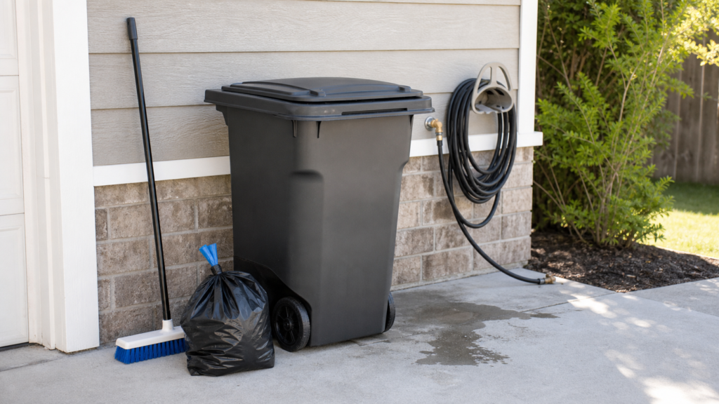 Closed outdoor trash cart with tied bag and cleaning brush for prevention