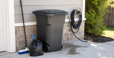 Closed outdoor trash cart with tied bag and cleaning brush for prevention