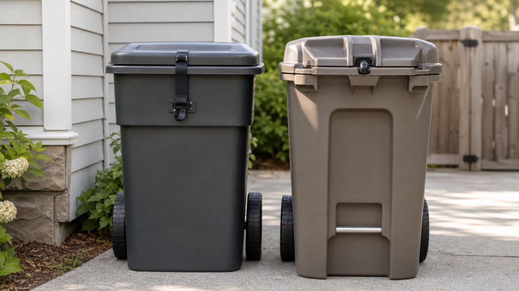 Two closed outdoor trash cans with different lid locking styles