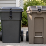 Two closed outdoor trash cans with different lid locking styles