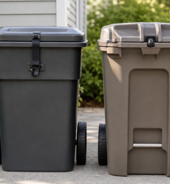 Two closed outdoor trash cans with different lid locking styles