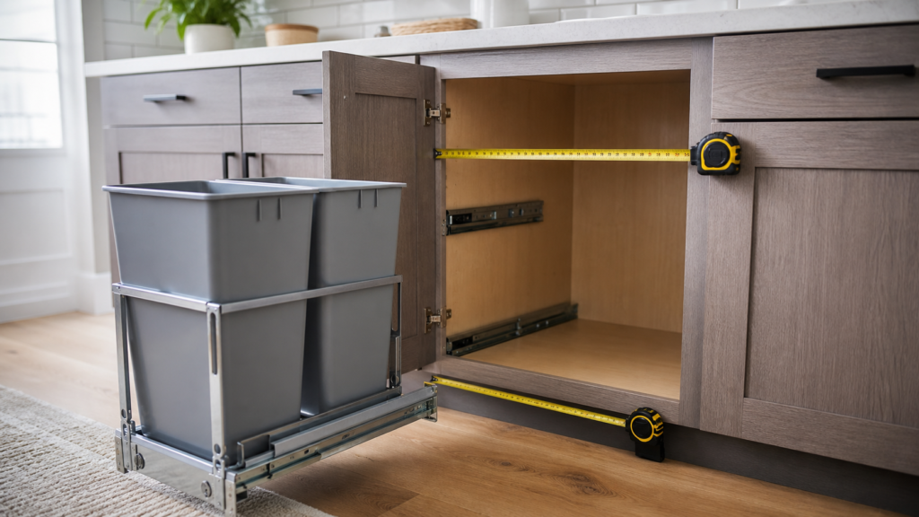 Kitchen cabinet opening with pull-out trash can frame and measuring tape