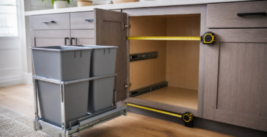 Kitchen cabinet opening with pull-out trash can frame and measuring tape