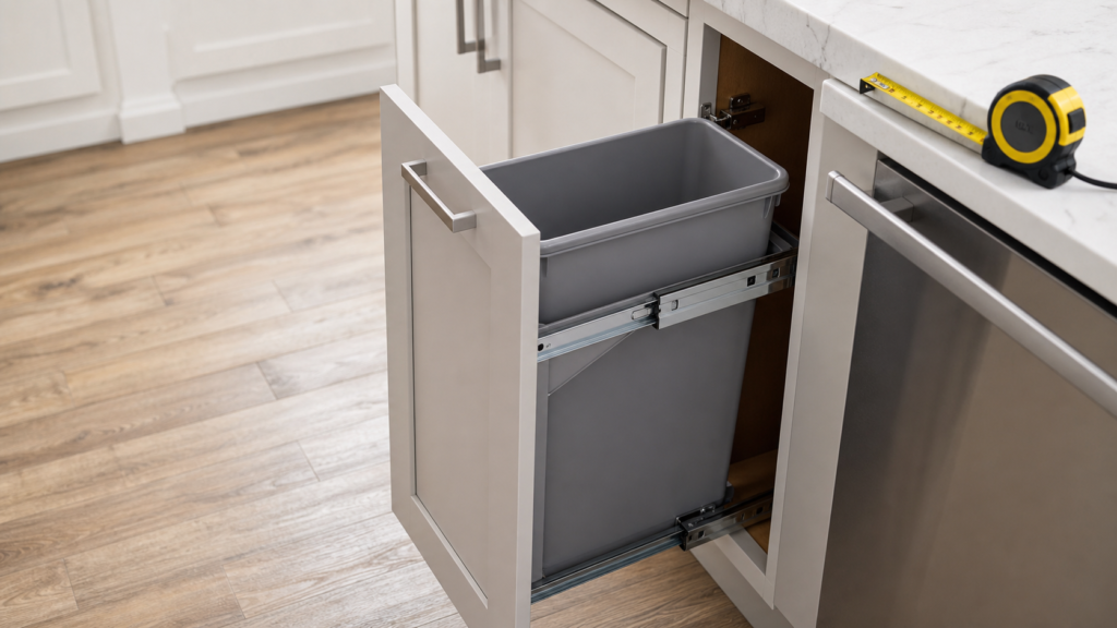 Slim pull-out trash can in a narrow kitchen cabinet with measuring tape