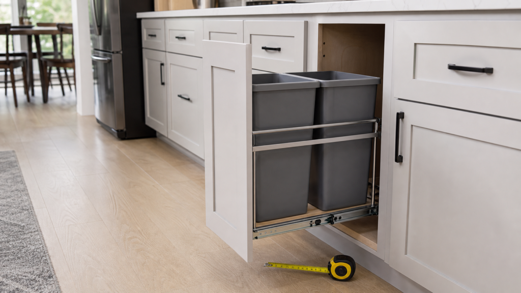 Pull-out trash can system extended from a kitchen cabinet with measuring tape