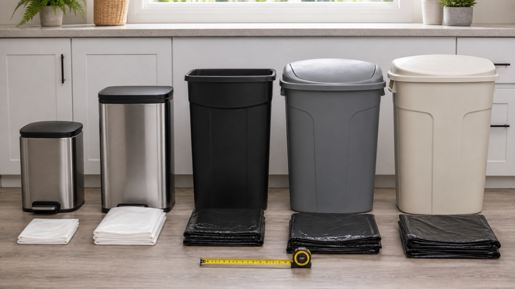 Different household trash can sizes with folded trash bags and a measuring tape