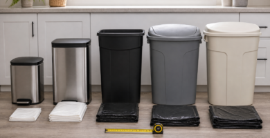 Different household trash can sizes with folded trash bags and a measuring tape