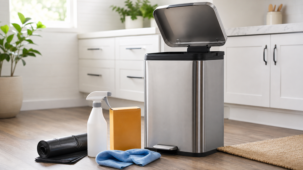 Clean kitchen trash can with cleaning cloth, trash bags and deodorizing supplies
