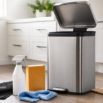 Clean kitchen trash can with cleaning cloth, trash bags and deodorizing supplies