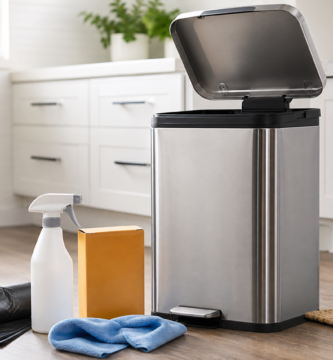 Clean kitchen trash can with cleaning cloth, trash bags and deodorizing supplies