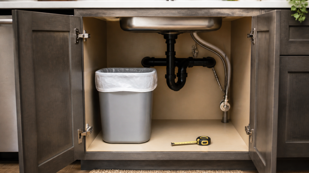 Open under sink cabinet with a small trash can and measuring tape