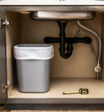 Open under sink cabinet with a small trash can and measuring tape