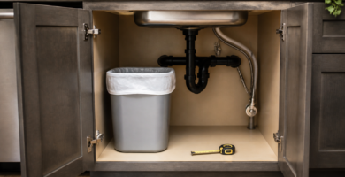 Open under sink cabinet with a small trash can and measuring tape
