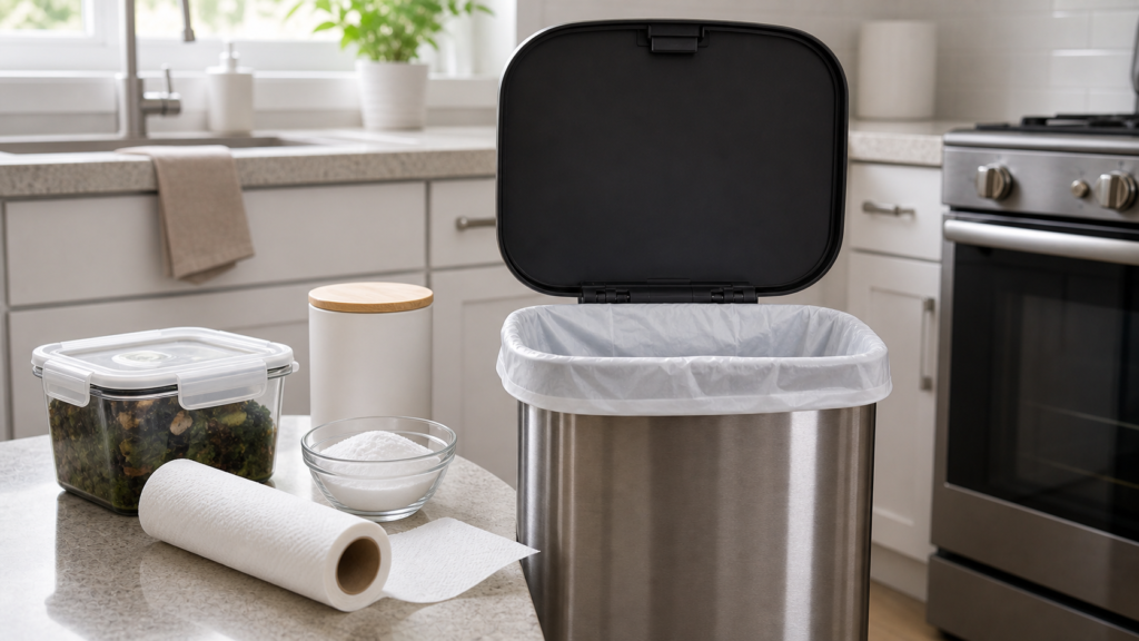 Kitchen trash can with fitted bag and odor control supplies nearby