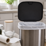Kitchen trash can with fitted bag and odor control supplies nearby