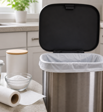 Kitchen trash can with fitted bag and odor control supplies nearby